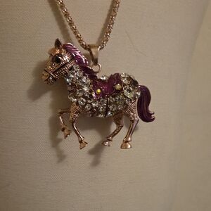 Elegant Purple and Silver Horse Pendant Necklace